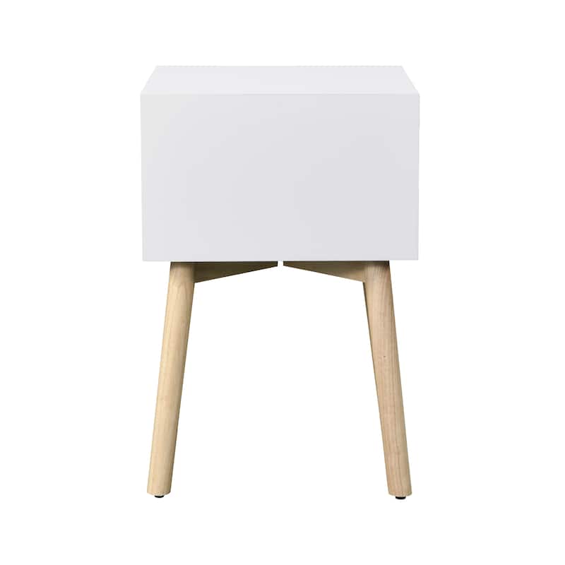 Nightstand with Double Drawers and Rubber Wood Legs, Mid-Century Modern Design