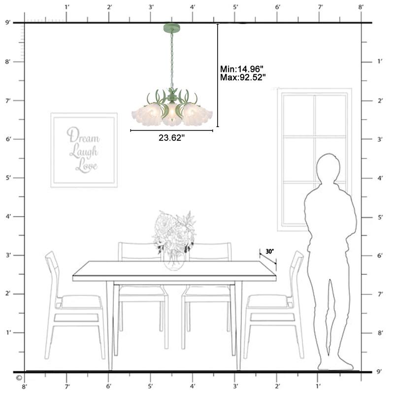 Botanical Green Chandelier with Floral Frosted Glass Shades