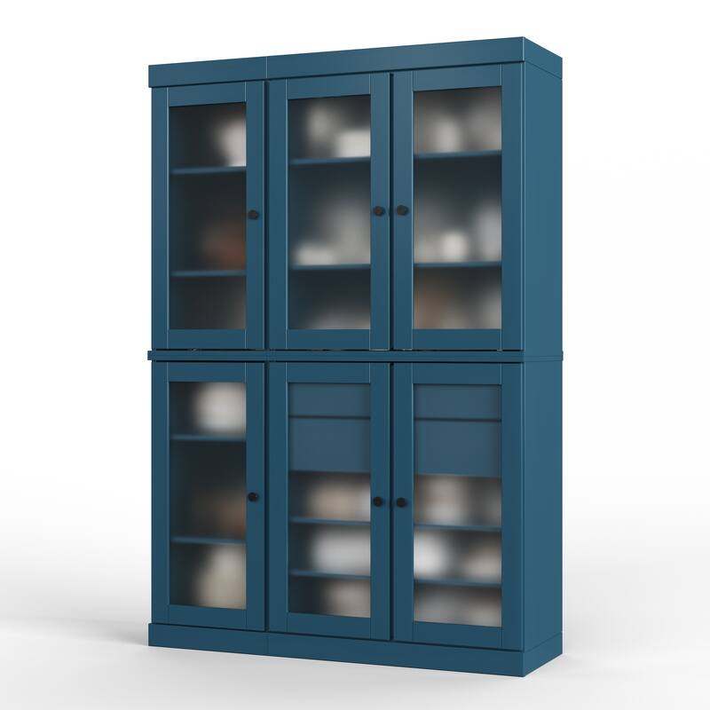 100% Solid Wood 48.5" Pantry Cabinet with Frosted Glass Doors and 2-Drawers