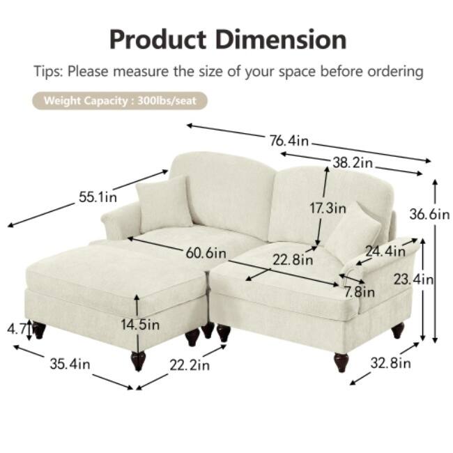 GDFStudio - Elegant Mid-Century Chenille 2-Seater 76.4" L-Shaped Modular Loveseat Sofa with Ottoman