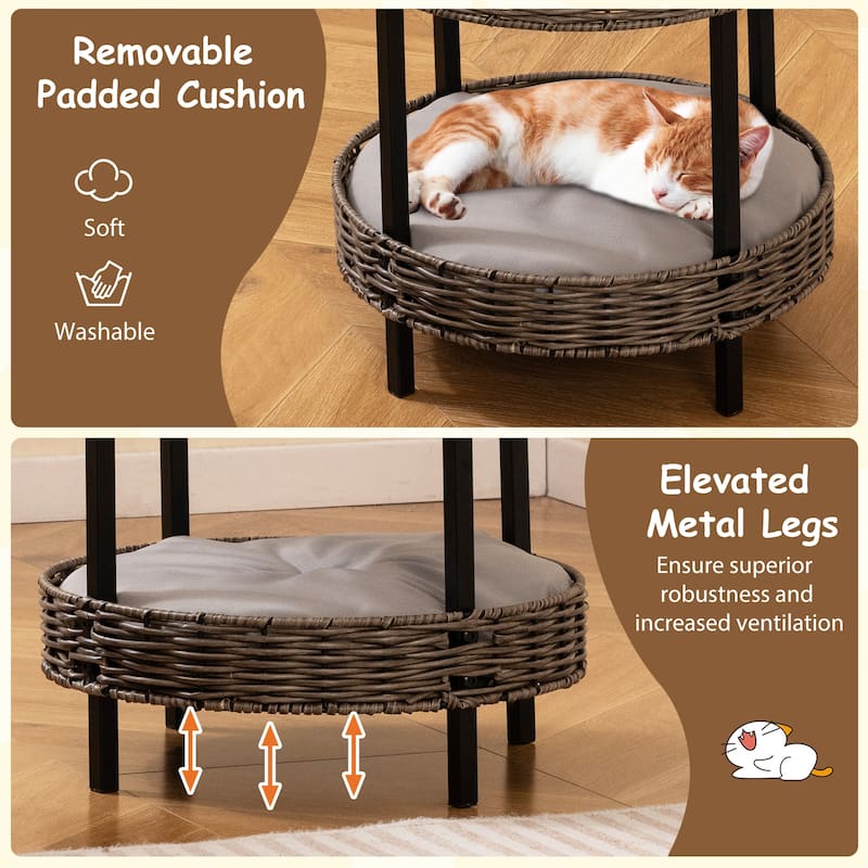Gymax 2-tier Rattan Cat Nest Wicker Kitten House w/ Removable Padded