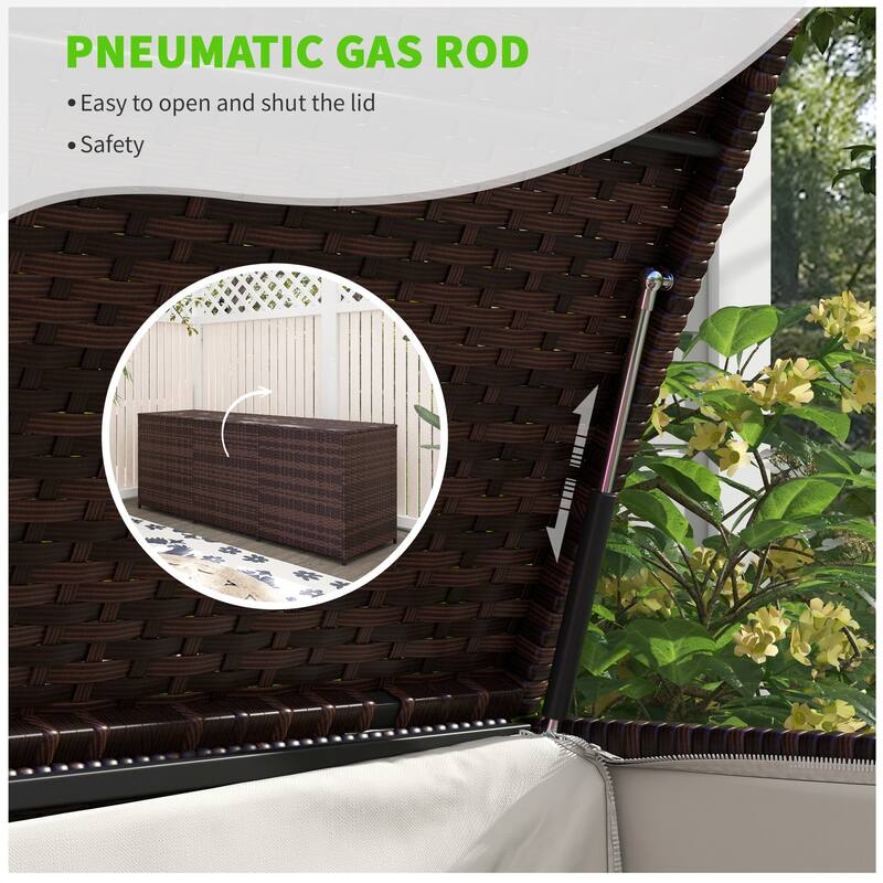 Outsunny Outdoor Storage Box with Inner Liner, PE Rattan Wicker Deck Box with Pneumatic Bar Lift
