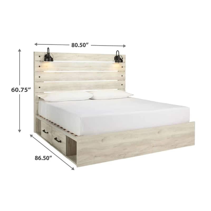 Cemy Rustic King Panel Bed, 2 Sconce Lights and Drawers, Whitewash