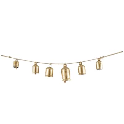 Metal Tibetan Inspired String Hanging Indoor Outdoor Decorative Cow Bells on Jute Hanging Rope - Gold - Roche River Decor
