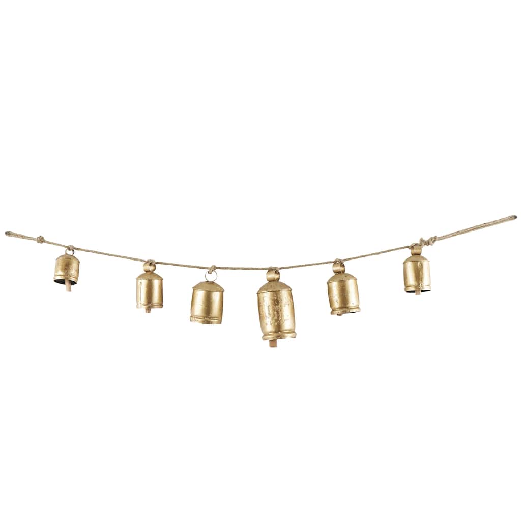 Metal Tibetan Inspired String Hanging Indoor Outdoor Decorative Cow Bells on Jute Hanging Rope - Gold - Roche River Decor