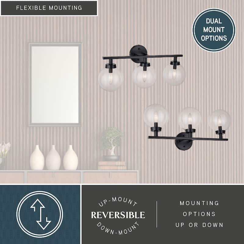 Lander Matte Black Bathroom Vanity Wall Fixture with Clear Glass Globes