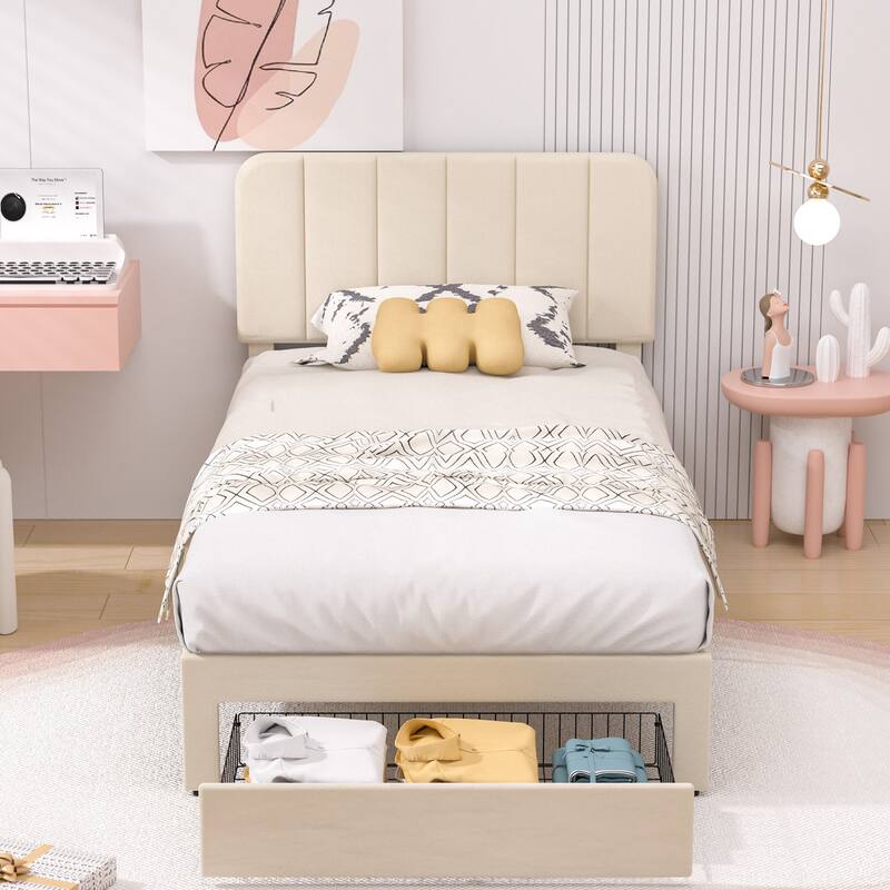 VECELO 2-Pack Kid Bed Frame Set Twin Size Platform Bed with Adjustable Upholstered Headboard Storage Drawer No Box Spring Needed