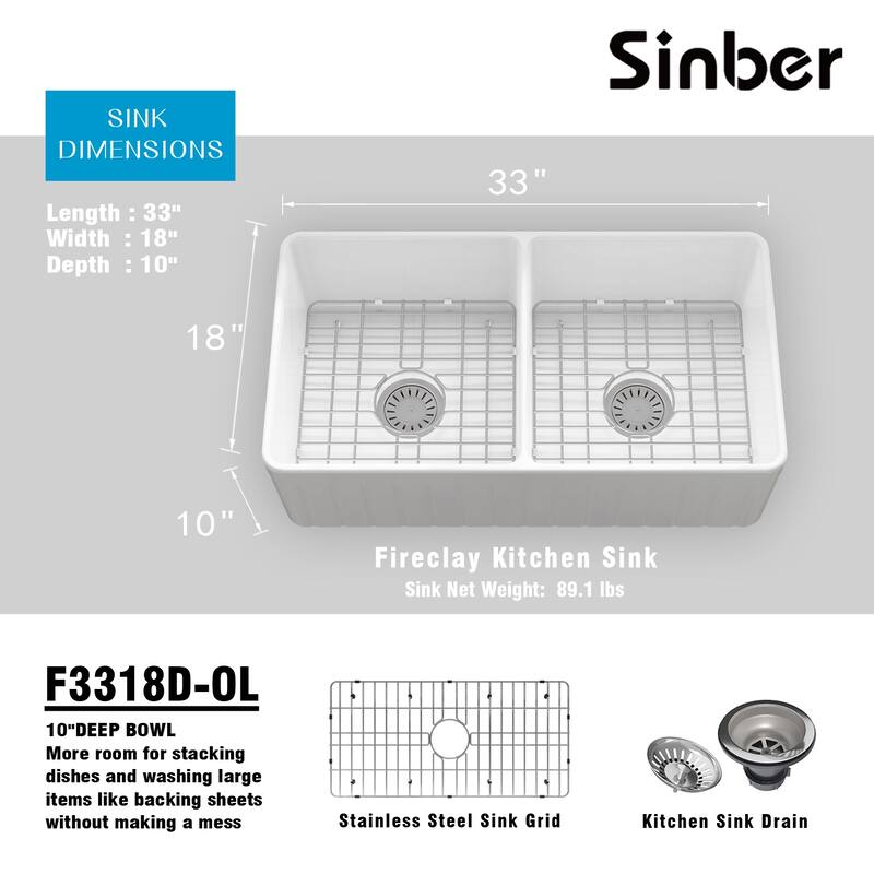 Sinber 33 Inch Drop in Double Bowl Kitchen Sink with Fireclay White Finish 2 Accessories