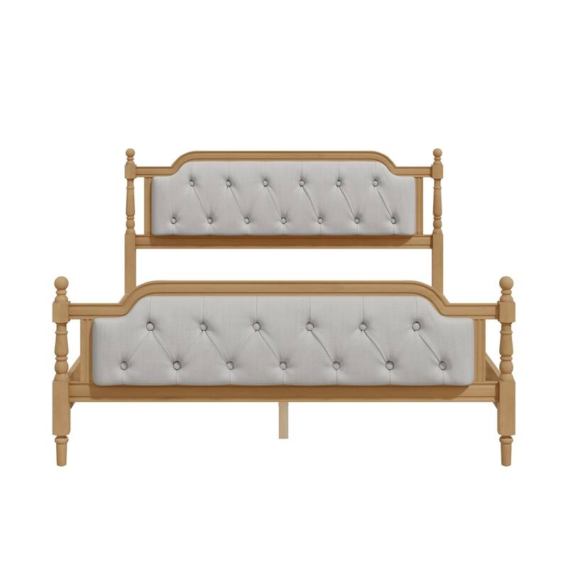 Linen Fabric Upholstered Tufted Headboard Wood Bed Frame