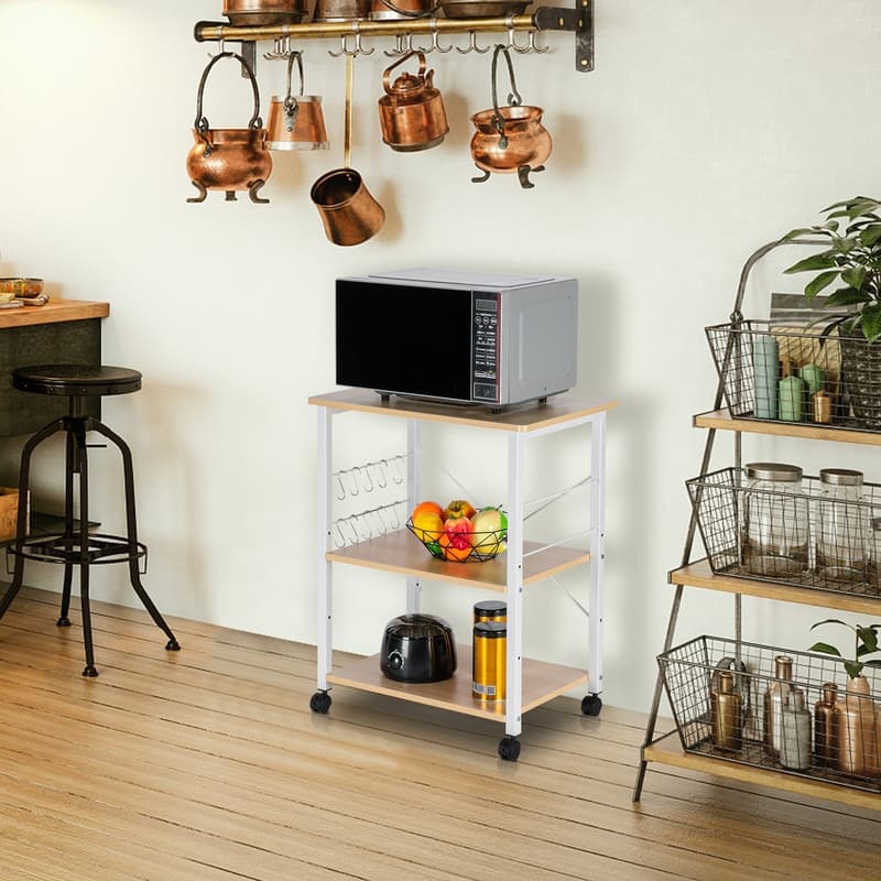 Baker's Rack 3-Tier Microwave Oven Stand Shelf with 10 Hooks - Light Beige