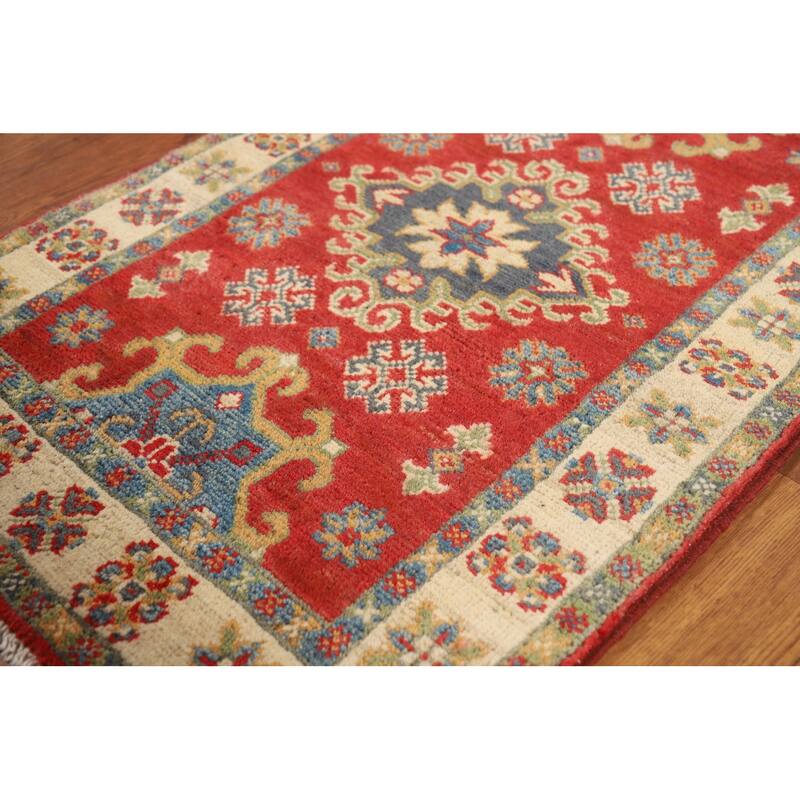 Geometric Red Kazak Oriental Foyer Rug Hand-Knotted Wool Carpet - 2'0" x 3'0"