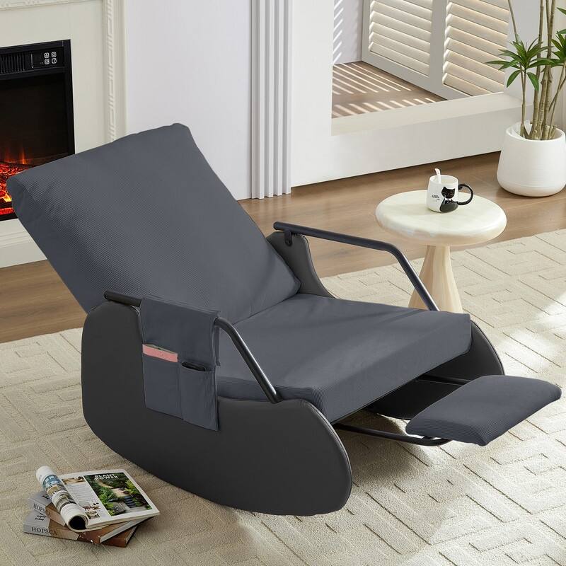 Mixoy Corduroy Upholstered Rocking Chair with Wooden Legs Wrapped in Leather,Adjustable Footrest