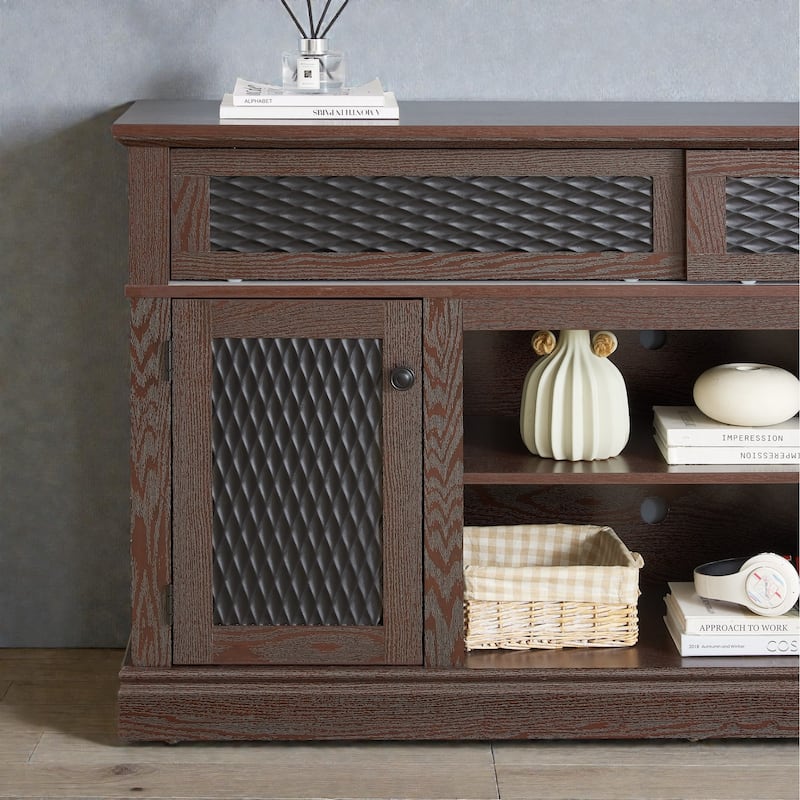 58 Inch Embossed Pattern TV Stand for TVs up to 65 Inch, Media Console with Sliding Door, Open Storage & Cabinets