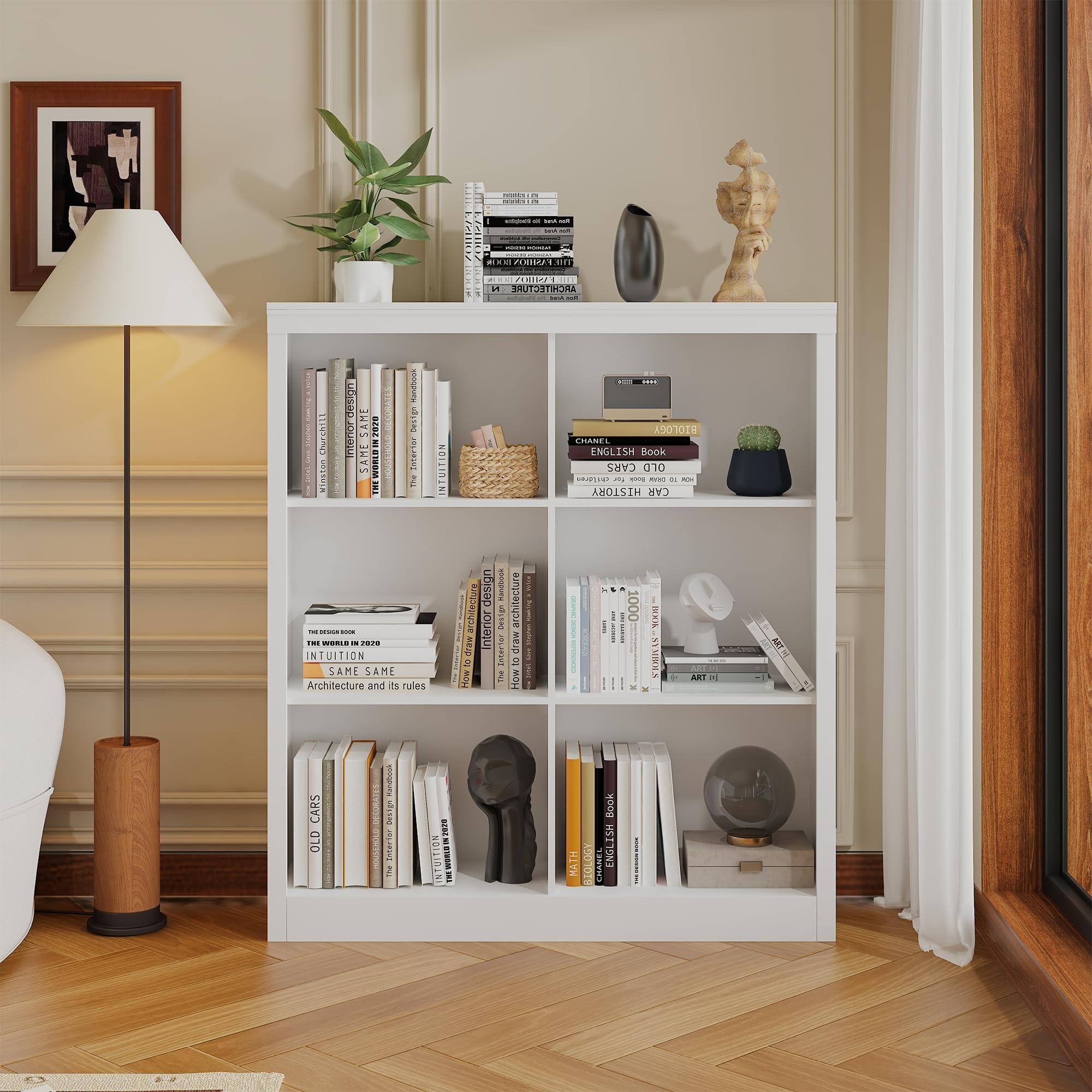 Open Shelf Low Bookcase, 6 Cube Wood Storage Organizer, 3-Tier Floor Standing Display Cabinet Organizer