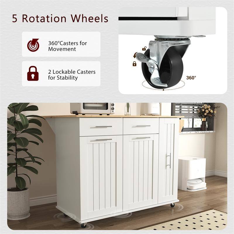 Kitchen Island with Drop Leaf and 3 Tier Pull Out Cabinet Organizer, Rolling Kitchen Cart on Wheels w/ 2 Drawers & Storage Rack