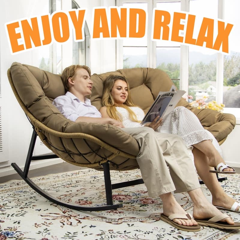 FINCATI Outdoor Double Papasan Chair, Oversized Patio Rocking Chair, 700 lbs Indoor Wicker Rocking Chair for Two