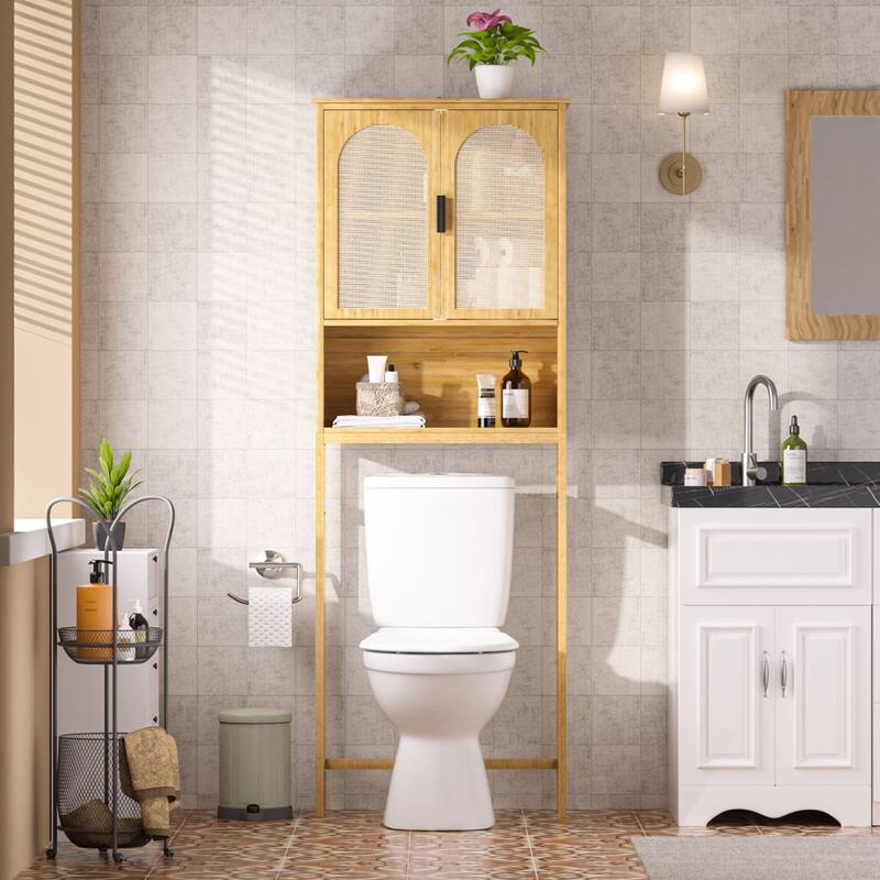 VEIKOUS Bamboo Over the Toilet Storage Cabinet with Rattan Doors - Brown