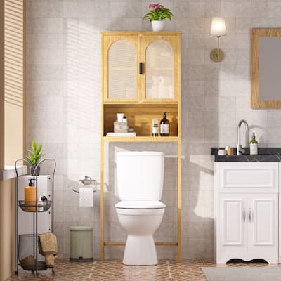 VEIKOUS Bamboo Over the Toilet Storage Cabinet with Rattan Doors