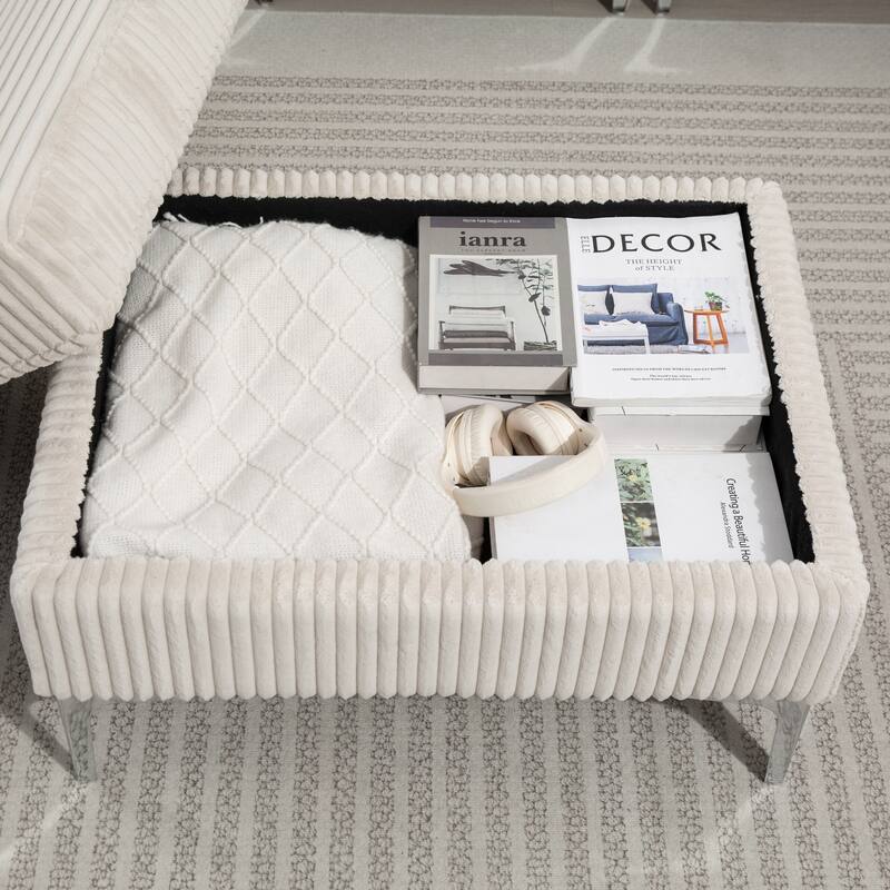 129.14" Corduroy 6-Piece Modular Sectional Sofa with Storage Ottoman, USB Charging and Cup Holders