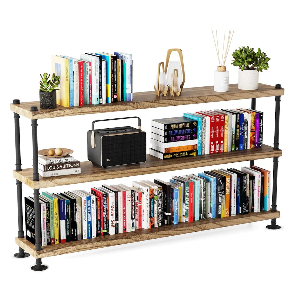 Wallniture 60 inch Long Pipe Bookcase, 11.25'' Deep & 1.5'' Thick Hanging Wood Shelf for Home Organization, Rustic Color, 3 Tier
