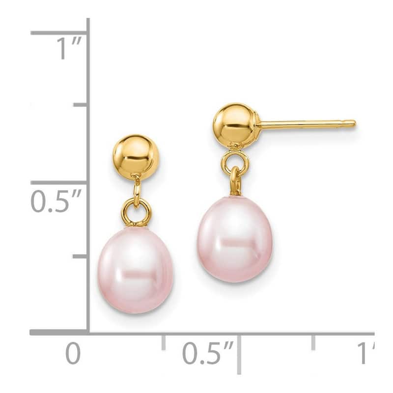 Curata 14k Yellow Gold Post Earrings 6-6.5mm Purple Freshwater Cultured Pearl Dangle Earrings 15x6.5mm