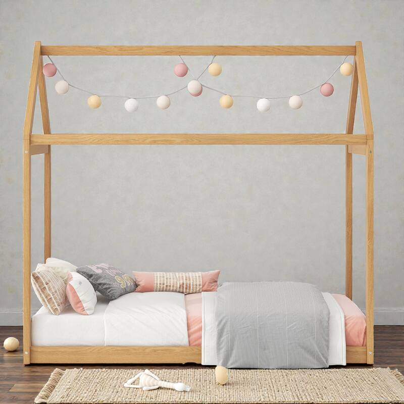 Twin Size Wooden House Bed Frame for Kids, Pine Wood Playhouse Bed with Roof Design, No Box Spring Needed - Wood - Twin