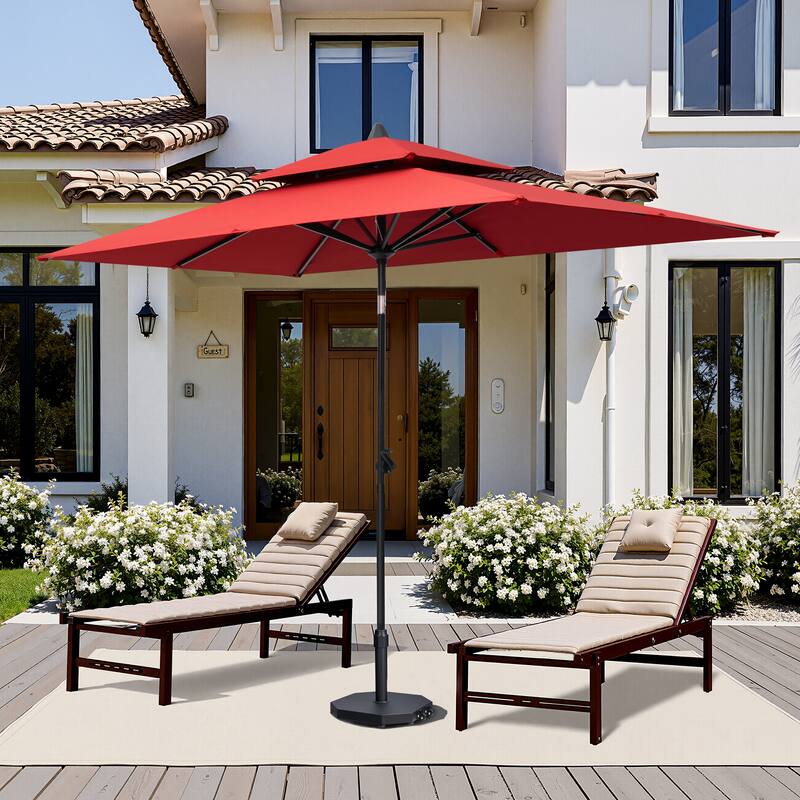 9 x 5 FT Outdoor Patio Double Top Market Umbrella and Base Stand with Wheels - Red