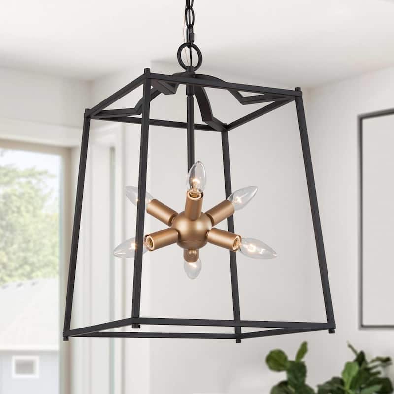 Alestair 6-Light Modern Chandelier Black Brass LED Cage Lantern Sputnik Starburst Foyer Pendant Light