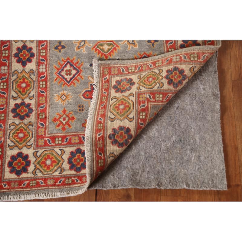 Geometric Kazak Accent Rug Hand-Knotted Grey Wool Carpet - 2'8"x 4'2"