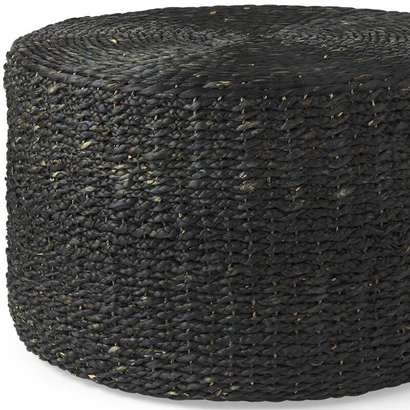 HomeRoots 30" Black Water Hyacinth Round Pouf Ottoman