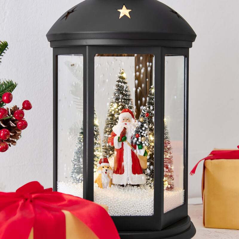 LED Lighted Musical Santa Scene Lantern Christmas Snow Globe - 19.5" - Black