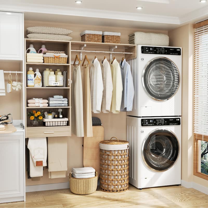 60'' Wall-mounted Closet System with Hanging Rods, Clothing Organizer with Tower Shelves for Laundry Room - Natural