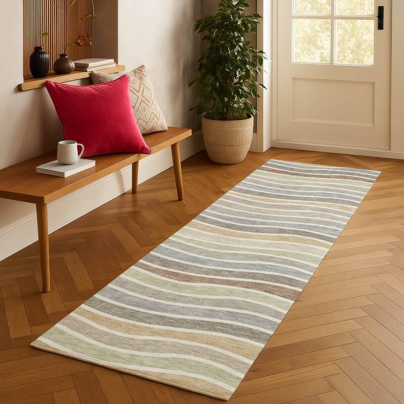 Machine Washable Indoor/ Outdoor Contemporary Stripe Chantille Rug