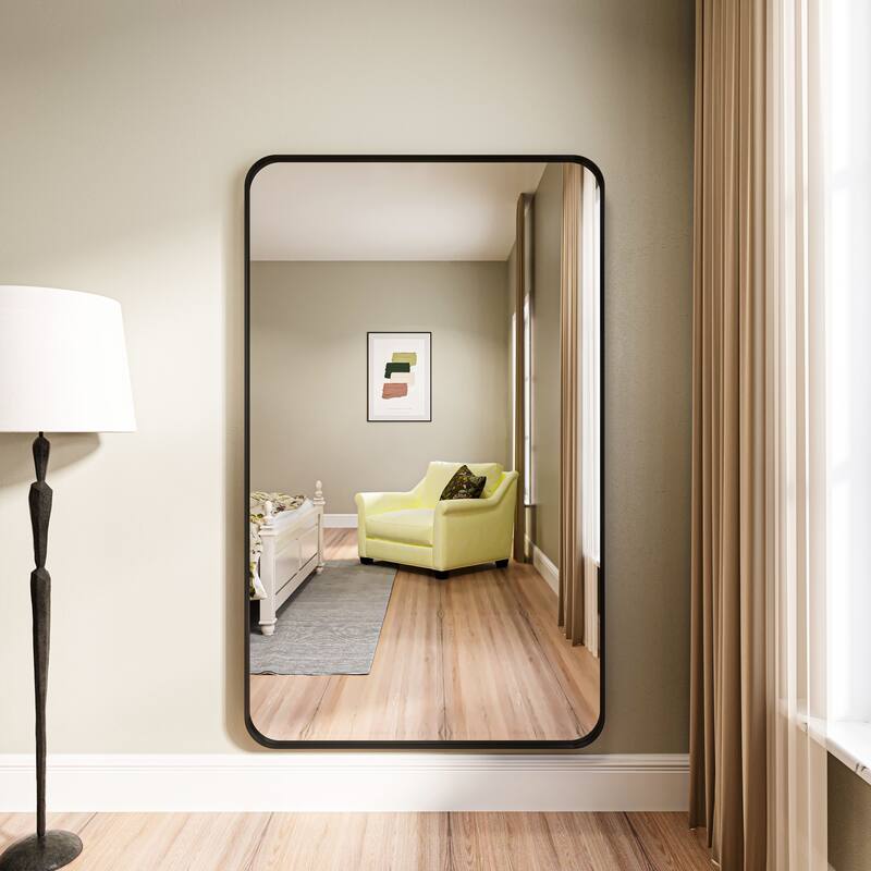 Organnice Rectangular Aluminum Framed Modern Rounded Wall Mount Mirror