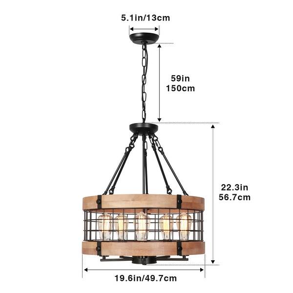 Anmytek Modern Farmhouse 5-Light Wood Cage Chandelier Drum Pendant Lights for Dining Room - 19.6" D x 22.3" H