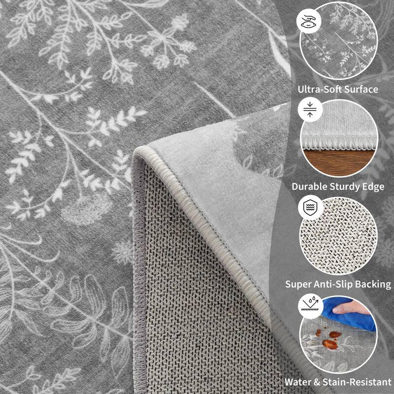 Botanical Washable Area Rug Modern Bird Pattern Rug Soft Non-Slip Low Pile Rugs for Living Room Bedroom