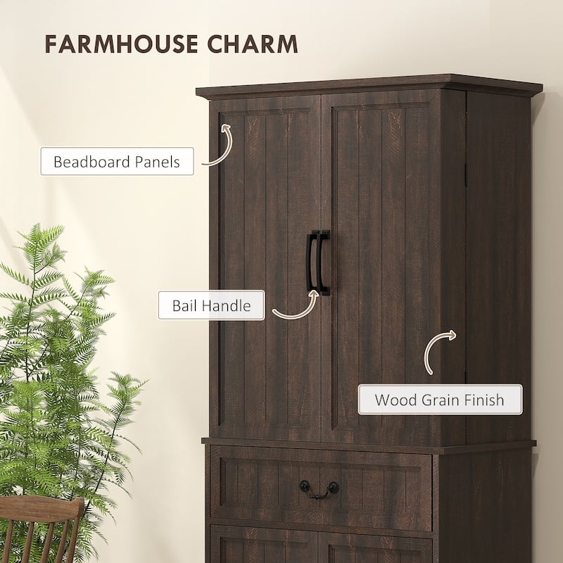 HOMCOM 71" LED Kitchen Pantry Cabinet, Farmhouse Tall Freestanding Storage Cabinet with Door Shelves for Kitchen and Dining Room