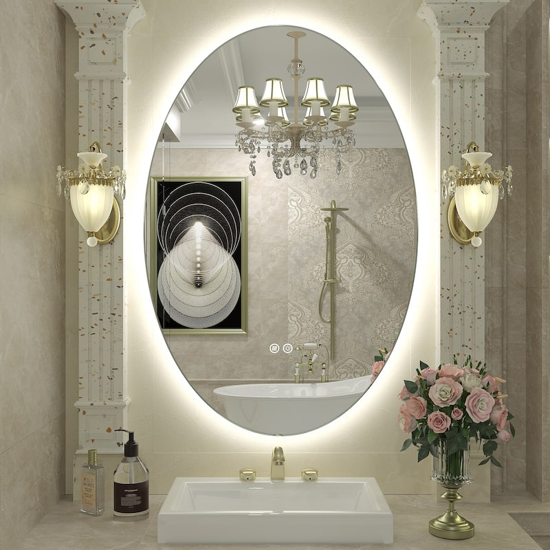 UL Certified Multiple shapes Frameless Anti-Fog 3 Colors Dimmable LED Backlit Wall Bathroom Vanity Mirror - 36" x 24" - Oval
