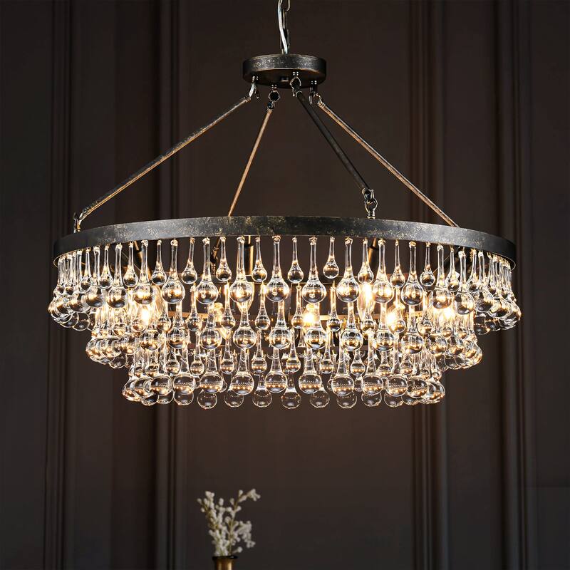 10-Light 31.5" Modern Glam Distressed Black Round Crystal Chandelier for Living Room 3-Tier Large Pendant Lighting