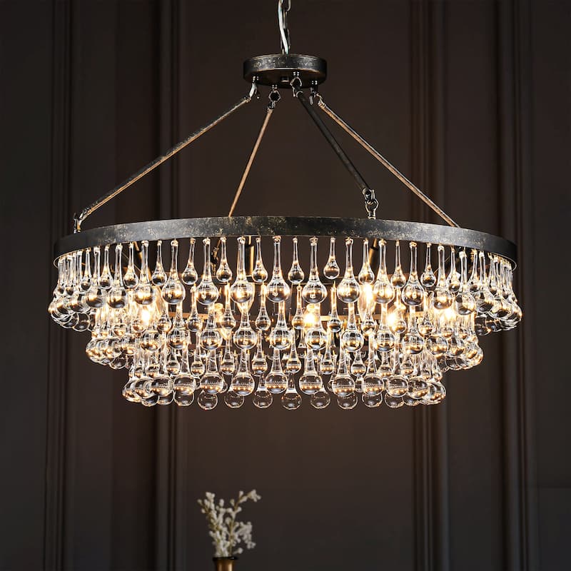10-Light 31.5" Modern Glam Distressed Black Round Crystal Chandelier for Living Room 3-Tier Large Pendant Lighting - Black
