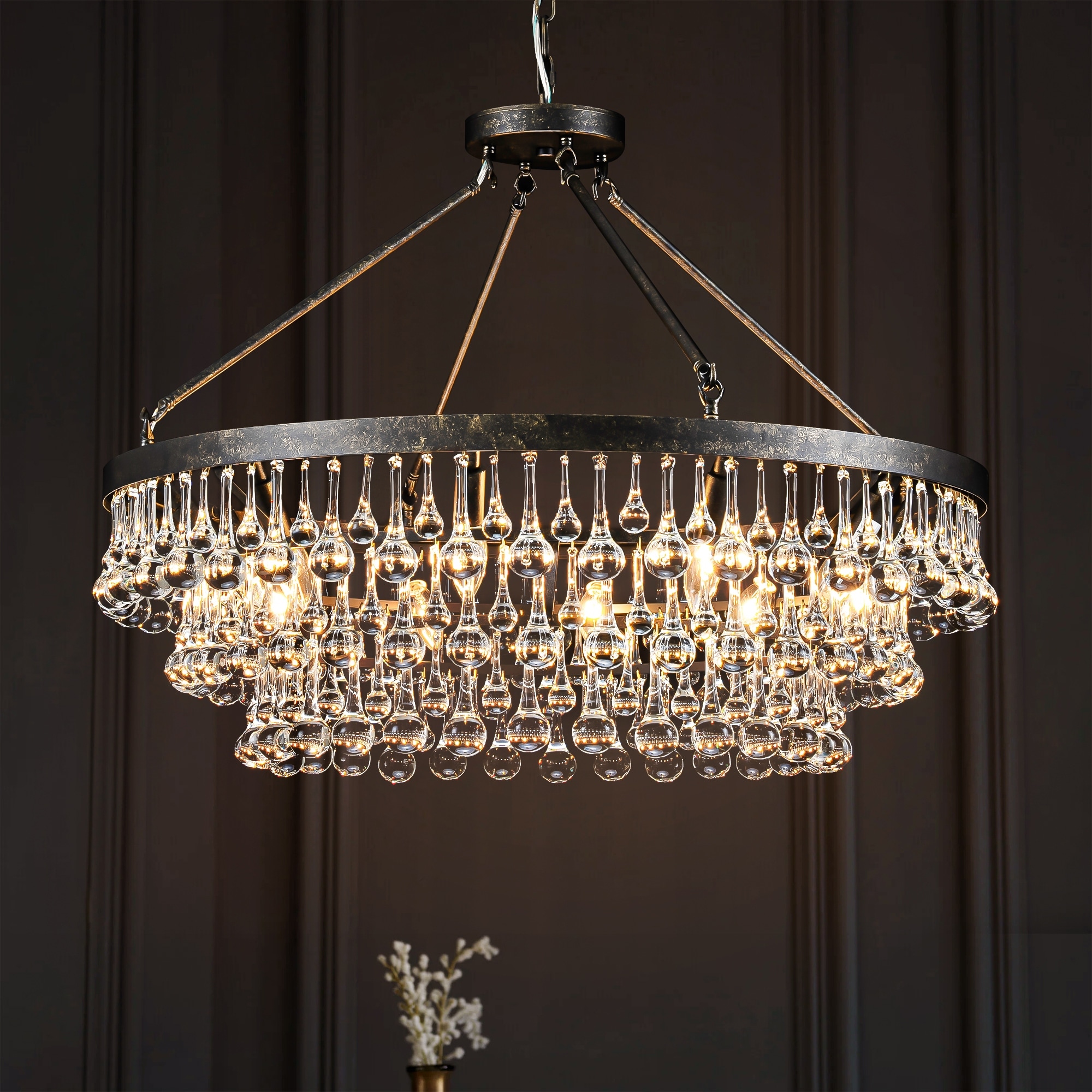 31.5" 10-Light Modern Glam Distressed Black Crystal Chandelier 3-Tier Raindrop Ceiling Light