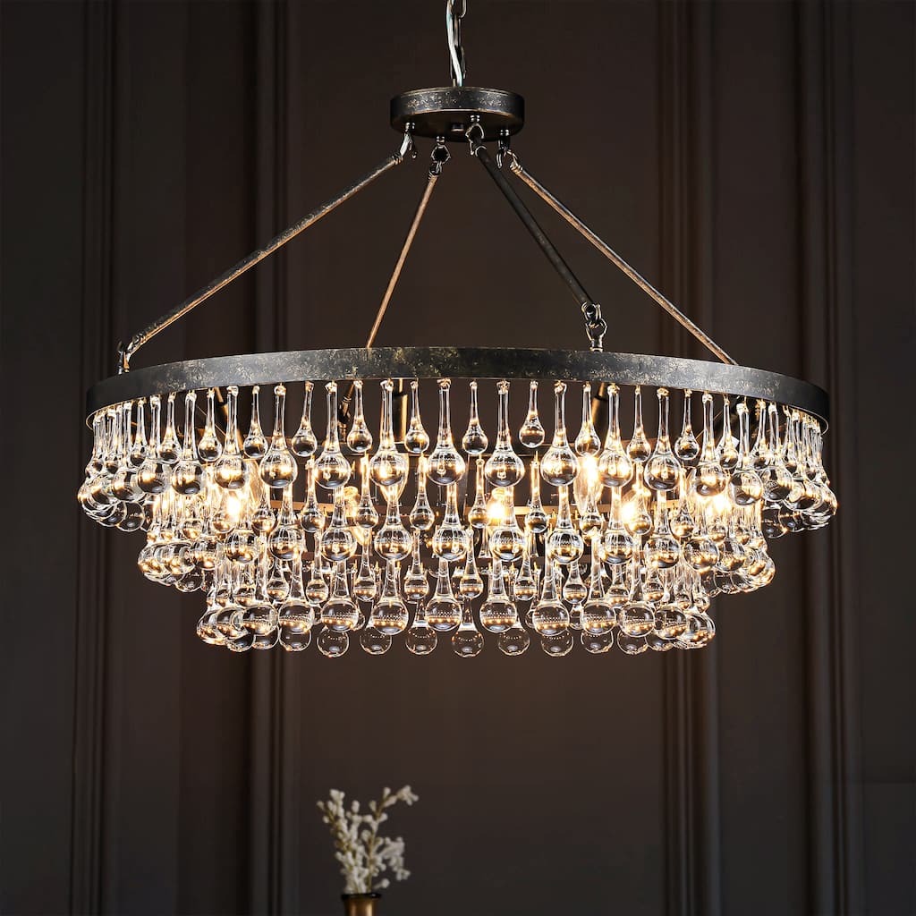 31.5" 10-Light Modern Glam Distressed Black Round Crystal Chandelier for Living Room 3-Tier Large Ceiling Lighting