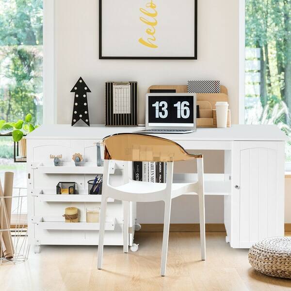 Folding Sewing Table Shelves Storage Cabinet Craft Cart With Wheels Overstock 30088755