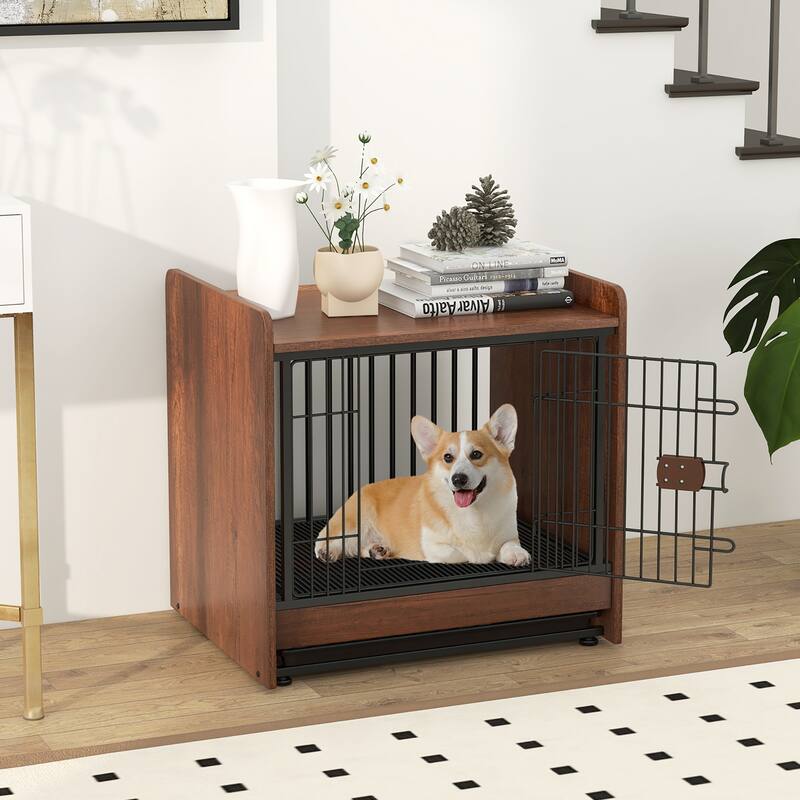 Gymax Dog Cage Furniture w/Removable Tray & Lockable Door Adjustable