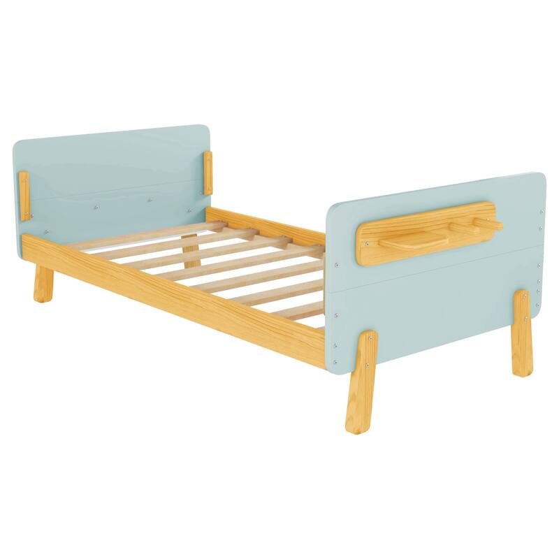 Kids Wood Platform Bed with Guardrails, Bottle Holder and 2 Hanging Rod, Convertible Toddler Daybed, Low Profile Design Frame