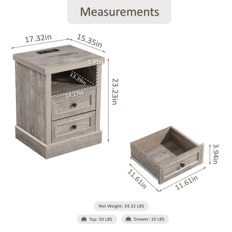 COZAYH Farmhouse Nightstand with Charging Station, Vintage Bedside Table Featuring Outlet & USB Ports, 2 Drawers and Open Shelf
