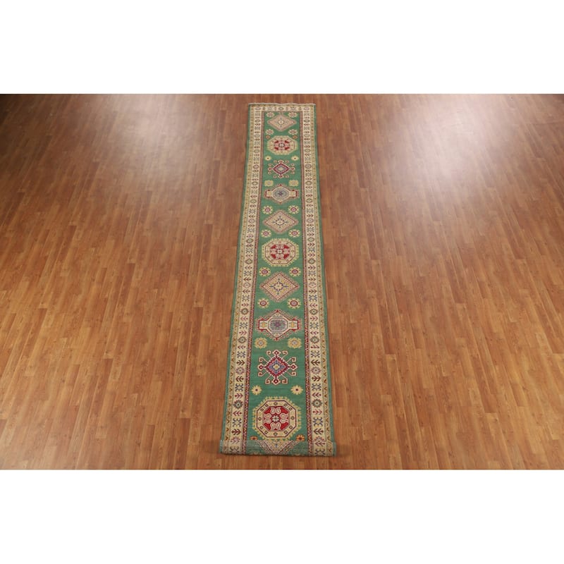 Green Kazak Runner Rug Hand-Knotted Geometric Wool Carpet - 2'7" x 16'2"