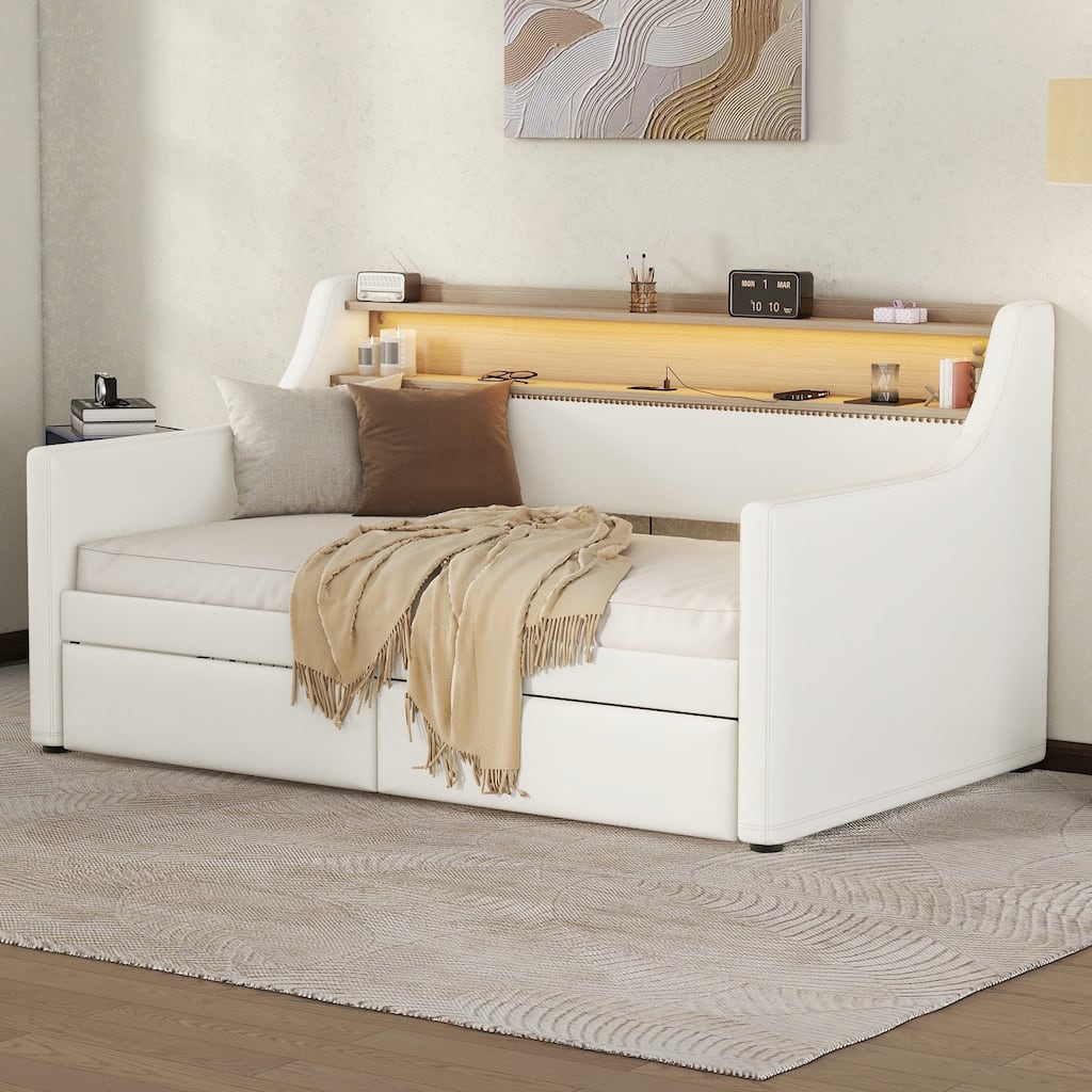 Twin Size Upholstered Daybed with 2 Drawers, Charging Station, LED Lights and Storage Headboard, Antique Nailhead Trim