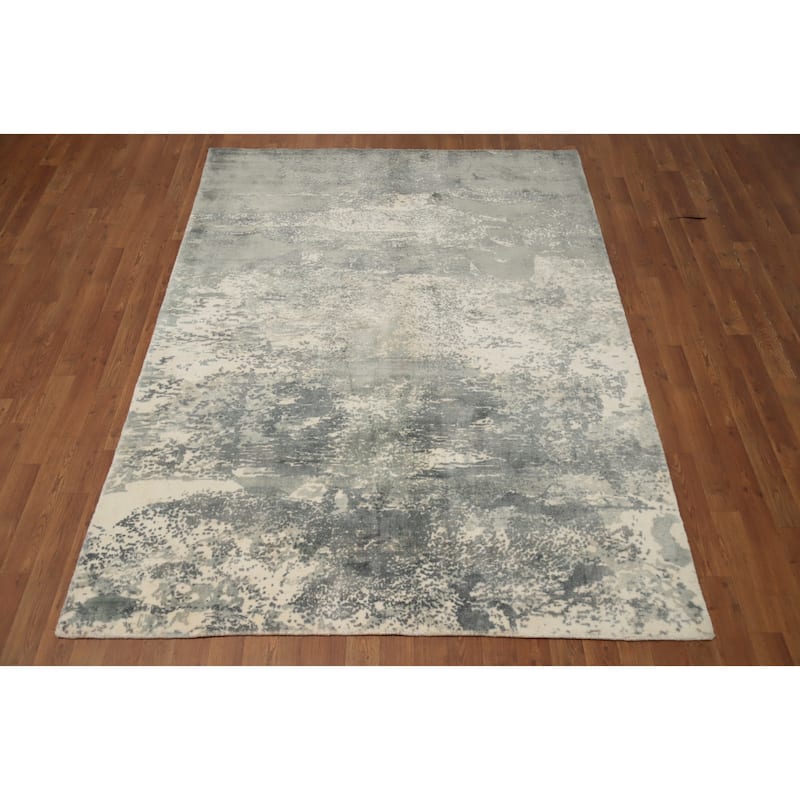 Hand Knotted Oriental Viscose Silk Carpet Modern Abstract Beige & Ivories Abstract Area Rug - 7' 2'' X 5' 4''