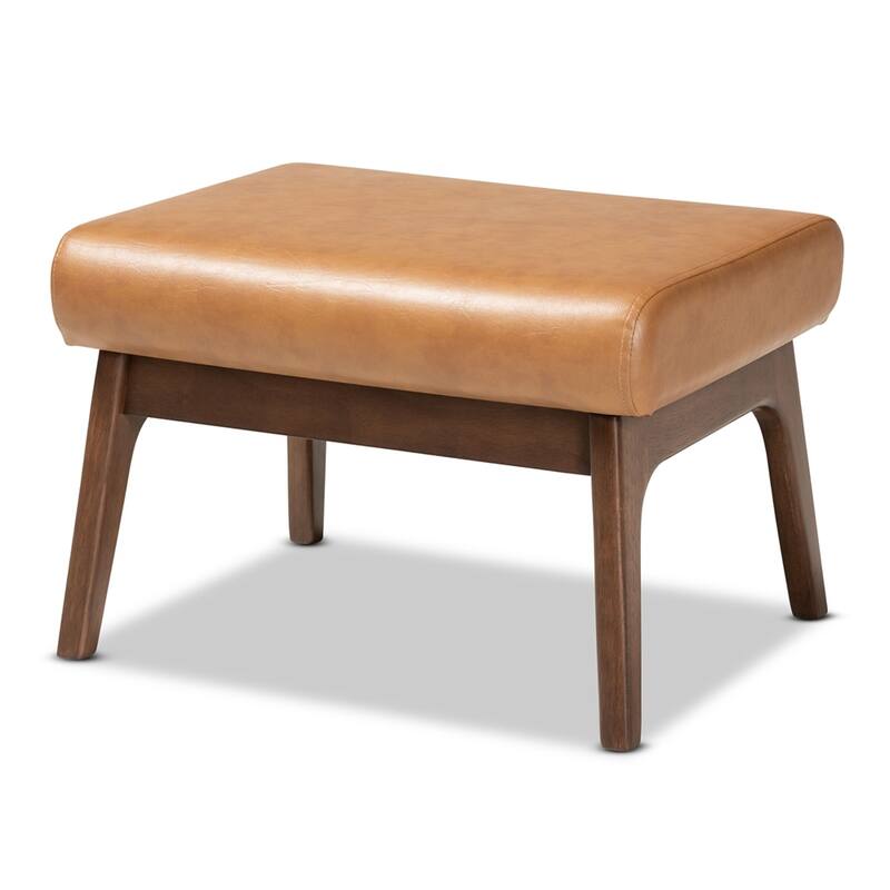 Bianca Mid-Century Modern Walnut Brown Finished Wood and Tan Faux Leather Effect Ottoman